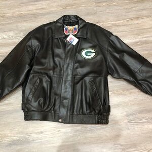 Men’s Green Bay Packer  black leather jacket. Size large, Jeff Hamilton brand